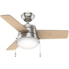 image:imageHunter Aker Indoor Ceiling Fan Modern Small 36 inch Fresh White  with LED Light and Pull Chain Standard Mount Quiet 3 Blades For Bedroom Home Office Laundry Room 59301Brushed Nickel