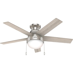 image:imageHunter Anslee Indoor Ceiling Fan with LED Light 46 inch Fresh White  Low Profile Mount Pull Chain 5 Blades For Bedroom Living Room Kitchen 59269Brushed Nickel Finish