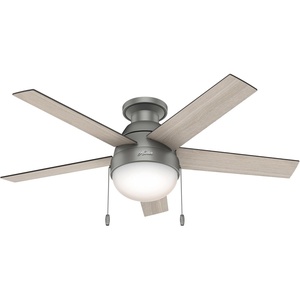 image:imageHunter Anslee Indoor Ceiling Fan with LED Light 46 inch Fresh White  Low Profile Mount Pull Chain 5 Blades For Bedroom Living Room Kitchen 59269Matte Silver finish