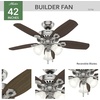 image:imageHunter Builder Plus Indoor Ceiling Fan Pull Chain 52 inch Snow White  with LED Lights Standard Mount 5 Blades For Bedroom Living Room Includes Bulbs 53236Brushed Nickel