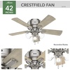 image:imageHunter Crestfield Indoor Ceiling Fan Quiet 42 inch Fresh White  with LED Lights and Pull Chain Low Profile Flush Mount 5 Blades For Bedroom Living Room Kitchen 52152Brushed Nickel